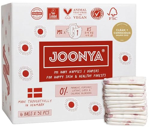 Joonya Baby Windeln, Größe 1 XS (2-4 kg) - 6 Beutel mit 32 Stück (192) - Schadstofffrei, Umweltfreundlich, Hohe Saugkraft, Für die Nacht, Ultraflach & Weich - Hergestellt in Dänemark