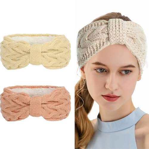 agctrler Stirnband Damen Winter, 2 PCS Stirnbänder Strick, Haarband Ohrenwärmer Elastische, Haarbänder Verdicken Headwrap Kopfband für Damen/Frauen/Mädchen(Weiß+Rosa)