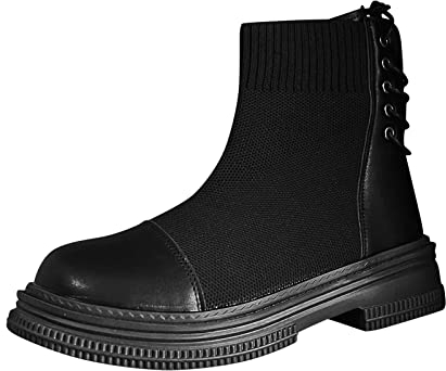 Stivali Corti alla Moda con Tacco Spesso e Cinturino Posteriore in Tessuto Elastico in Pelle Tinta Unita da Donna Stivaletti Invernali Pianta Larga (Black, 39)