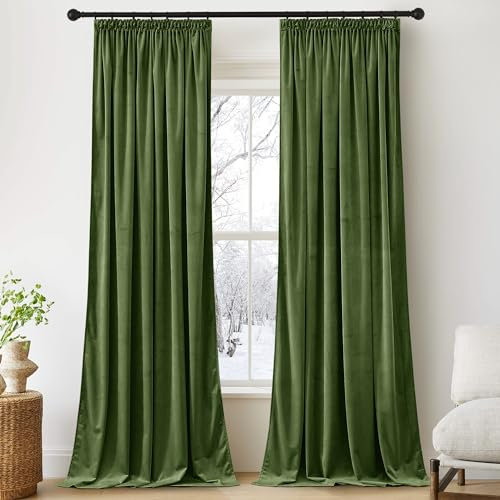 PONY DANCE Samt Gardinen Olivgrün (300g/m²) Wohnzimmer Vorhänge Samt Schienensystem 2er Set H 240 x B 132 cm Thermogardine Wärmeisolierend Samtvorhang Kräuselband Velvet Blackout Curtains