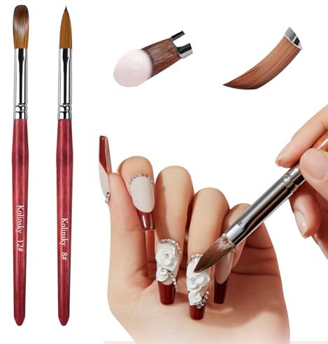 LEDSUUEI Acrylic Nail Brush - 100% Pure Kolinsky Hair Bristles Acrylic Brushes for Nails Oval Crimped Shaped Red Wood Handle Acrylic Powder Nail Art Brush Professional Salon Quality (SIZE 8/12)