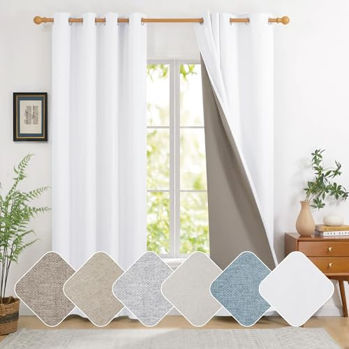 Deconovo Total Blackout Curtains Eyelet with Microfiber Back Layer, Faux Linen Thermal Insulated Curtains for Bedroom, 66 x 90 Inch, Greyish White, 2 Panels