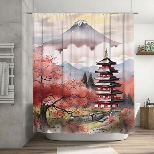 Mexpekil Rideau de douche imperméable et résistant à la moisissure Rideau de douche lavable pour salle de bain avec 12 crochets en plastique Motif paysage japonais 183 x 183 cm