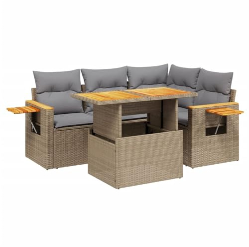 vidaXL 5-TLG. Garten-Sofagarnitur mit Kissen Beige Poly Rattan