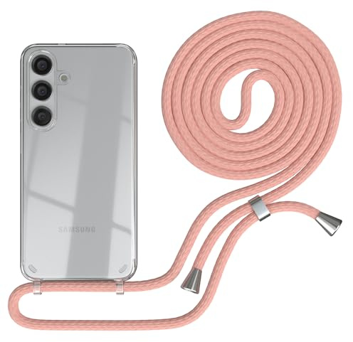 EAZY CASE - Handykette kompatibel mit Samsung Galaxy S24 Kette zum Umhängen für Galaxy S24 Hülle mit Band aus Silikon stoßfeste transparente Handyhülle als Fallschutz in Alt Rosa - Clips Silber