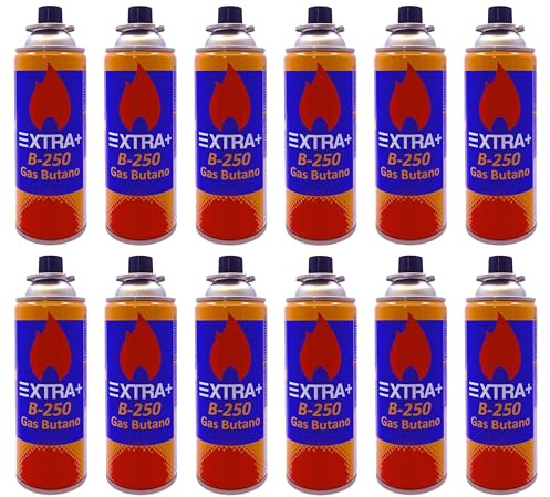 DISPAU Pack de Cartuchos de Gas Butano 220g, 100% Butano Puro, para Hornillos, Quemadores y Cocinas Portátiles, con Válvula de Seguridad (12 BOMBONAS)