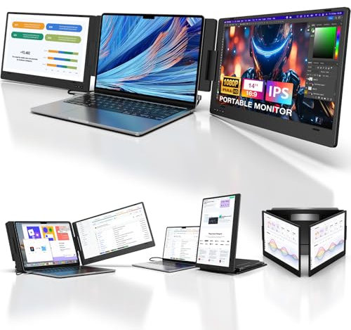 KYY Portable Monitor for Laptop, 14'' FHD 1080P USB-C Triple Laptop Screen Extender IPS Computer Display, Dual Monitor for Extra Screen, Travel Monitor for 12-16 Laptop, X90A (Mac, Wins, Android)
