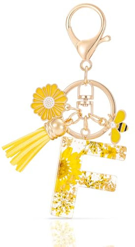 MWOOT Letter Keychain Initiale Schlüsselanhänger Buchstabe F,Alphabet Harz Blume Key Chain mit Gänseblümchen Biene Quaste Anhänger Handtasche Geldbörse Charm,Gelb Blütenblatt Keyring für Frauen(F)