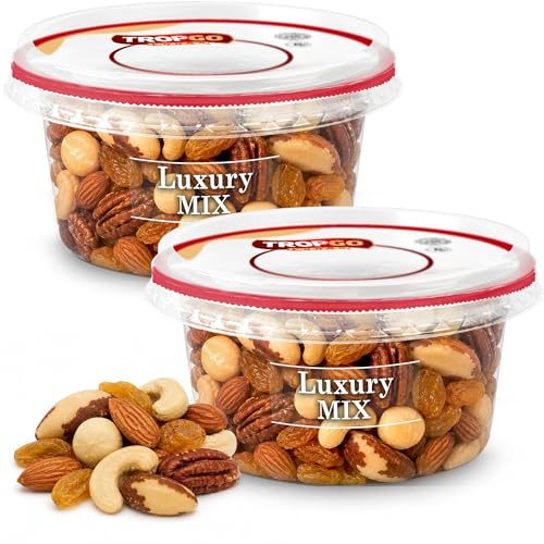 Tropgo Luxury Mix 180g Tub - Pack of 2 - Savoury Mixed Nuts in a Resealable and Recyclable Nut Tub - Guilt Free Trail Mix with Fibre Protein & Essential Minerals - Healthy Assorted Nuts for All Ages