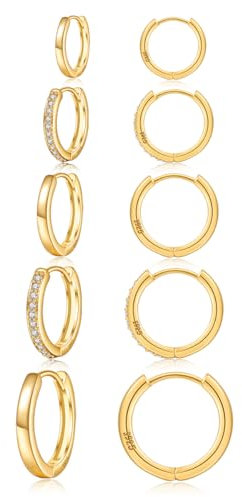 JEMARA Gold Hoops Earrings for Women 14K Gold Plated Hoop Earrings Hypoallergenic Small Hoops Cartilage Sleepers Huggie Earrings for Women (5 Pairs)