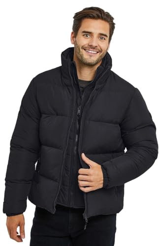 Spindle Mens Plain Black Heavyweight Funnel Neck Padded Winter Field Jacket Quilted Warm Coat Zip Side Pockets Inside Pocket Black M