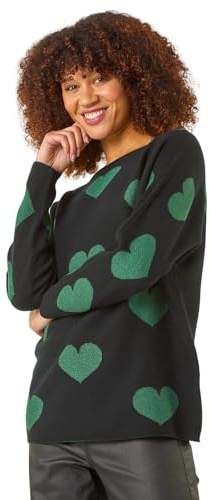 Roman Originals Shimmer Heart Knit Jumper for Women UK - Ladies Everyday Autumn Winter Round Neckline Comfy Soft Evening Vacation Work Party Night Out - Black - Size 14