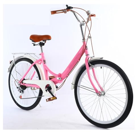 VHVYWY 26 Zoll Damen Cityrad, Faltrad für Erwachsene, 7 Gang Schaltung Klappfahrrad mit Variabler Geschwindigkeit Stadtrad mit Rücklicht und Autokorb Pink