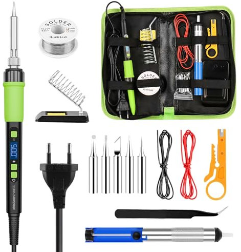 YEEHONEC Kit Saldatore a Stagno 90W LCD Riscaldamento Rapido 180-500°C, Standby Automatico,Kit Completo con 5 Testine, Filo per Saldatura, Pinzette,Pompa Dissaldante e Supporto per Saldatore