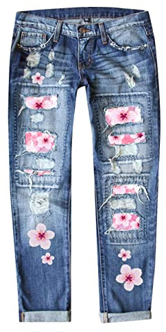 Pailletten-Jeans Mardi Gras Hose für Damen, gerades Bein, aufrollbare Denim-Hose, Distressed, ausgefranste, rohe Kante, Boyfriend-Jeans für Damen, 05#Blau, L