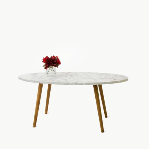 KAVANTO White Marble Feel Oval Centre Table, Living Room Modern Coffee Table 90x50x45, Middle Table Wooden Legs Minimal Design Furniture, Trending Home Decor Furniture