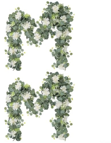 JINSBON Künstliche Eukalyptus-Blumengirlande, weiße Dahlie, Dekoration für Hochzeitstisch, 3,6 m, 2 Stück
