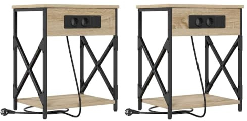 vidaXL Set of Night Tables 2 in Sonoma Oak, Chipboard with Steel Frame Dimensions: 41 x 31 x 51 cm. with Brown Charging Station and Black Metal Legs. Modern Design with Drawer