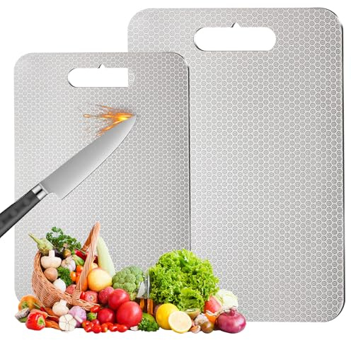 Lot de 2 planches à découper en titane - Double face, sans danger pour les aliments pour la viande, les fruits et les légumes-sans microplastique, résistant aux odeurs, coffres-forts（39*28CM+34*23CM）
