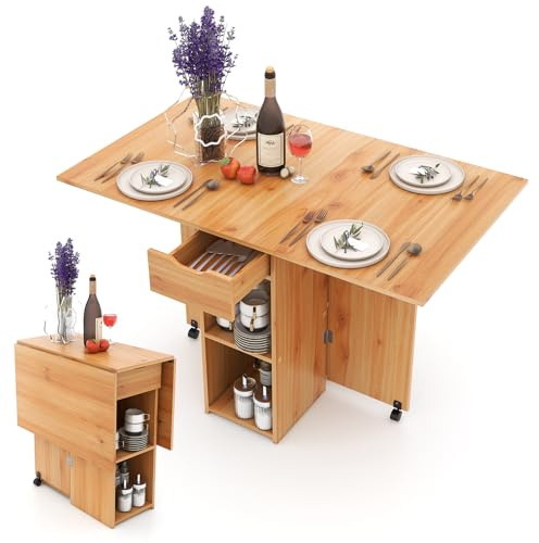 FANTASK Mobiler Esstisch, Klapptisch Küche mit 2 Rädern, Küchentisch Klein mit 1 Schublade & 2 Ablagen, Esszimmertisch Holz für kleine Wohnzimmer, Esszimmer, Küche