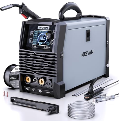 MIGVAN Saldatrice MIG/MAG 180A IGBT inverter a gas di protezione, flusso 5 in 1, CO₂/MAG, MMA, Lift-TIG, Spoolgun, 230 V, 60% ED, leggera e portatile, con sinergia 2T/4T, per saldatore fai da te e