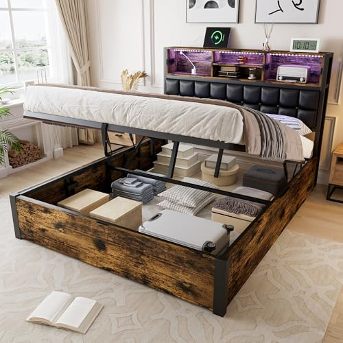 BTM Metal Double Bed with Charging Port, LED Strip Light and Headboard Features Soft Backrest & Storage Compartments, 4ft6-135x190cm Double Bed Frame, Iron+MDF, No Mattress