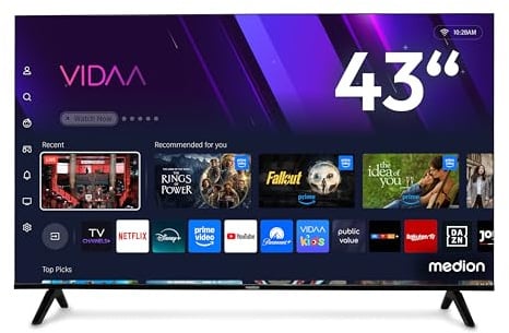 MEDION TV QLED Ultra HD 108 cm (43″) (Smart-TV, 4K, Dolby Vision HDR, VIDAA Store, Prime Video, Disney+, DAZN, Dolby Atmos, HbbTV, PVR, Bluetooth, MD 843601)