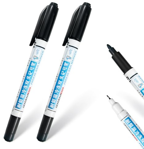 ORIXANDY Freezer Bag Markers 2 Pack, Permanent Food Grade Pens with 1.0mm Chisel & 0.5mm Fine Tips for Freezer Labels, Fast Drying Waterproof Smudge Proof Ink Writes on Plastic, Glass, Metal, Foam
