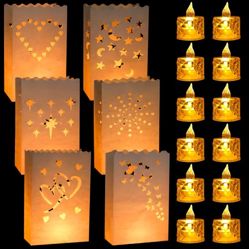 12 pcs Candle Bags with 12 pcs Led Candles, Flameless Candles Battery Candles, White Paper Lanterns,Heart, Stars Moon Sun Double Love Fireworks Butterfly for Birthday Wedding Valentine Romantic Party