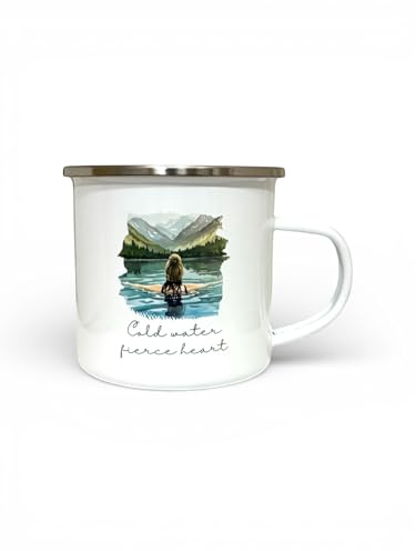 Wild Swimming Enamel Mug 12oz, Brunette Hair | Cold Water Fierce Heart Design, Outdoor Camping Cup, Watercolour Female Swimmer, Gift for Swimmers & Cold Water Lovers