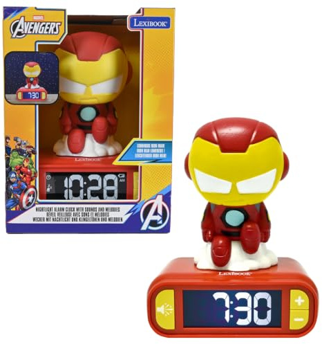 LEXIBOOK, Iron Man Nightlight Alarm Clock, RL800AV2LXB | Sounds and Melodies, LCD Backlit screen, Luminous, Snooze