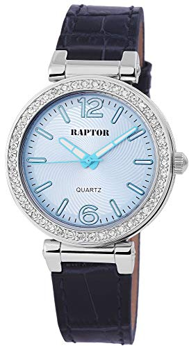 Raptor Damen-Uhr Armband aus Leder Dornschließe Armbanduhr Strasssteine Wrist-Watch 22 cm RA10109 (blau)