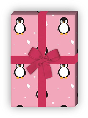 Kartenkaufrausch Super süßes Weihnachtspapier, Geschenkpapier Set zu Weihnachten mit Pinguinen und Weihnachtsbäumen, rosa • Geschenkverpackung, DIY Projekte, Basteln, 4 Bogen, 32 x 48cm