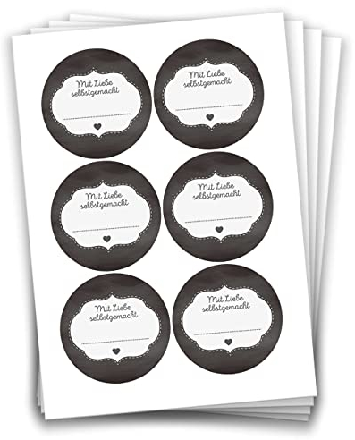 Papierdrachen 24 Selbstklebende Etiketten zum Beschriften - z.B. für selbst gemachte Marmelade - Mit Liebe gemacht - Schwarz - 4 cm große Sticker für Eingekochtes - Homemade - Marmeladen-Aufkleber