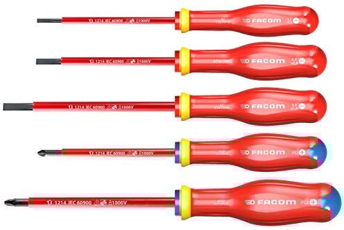 FACOM Juego de 5 Destornilladores Aislados PROTWIST 1000V, Mango Soft Grip, Tratamiento Térmico, Suministrado en Caja, Tamaños: 3.5mm, 4mm, 5.5mm, PZ1, PZ2, ATD.J5VE.PB