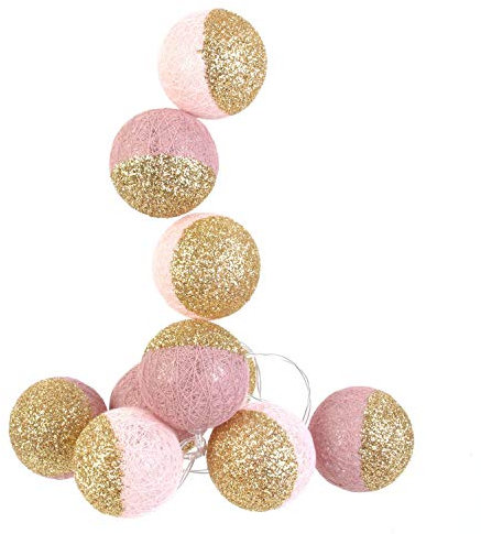 CMP - Guirlande 10 boules LED à piles, Longueur 1m92, Coloris Nuances de Rose et Doré pailleté, Piles NON INCLUSES