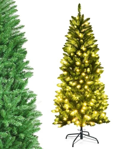 COSTWAY 4.5FT/5FT/6FT/6.5FT/7.5FT Pre-lit Slim Christmas Tree, Hinged Pencil Xmas Tree with Warm LED Lights, Foldable Metal Stand & Superior PVC Leaves, Holiday Decoration for Home and Shops(5FT)