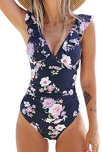 CUPSHE Damen Einteiler Badeanzug Rüschen V Ausschnitt Monokinis Blumenmuster Raffung Bauchweg Einteilige Bademode Swimsuit Marineblau/Blumen XL