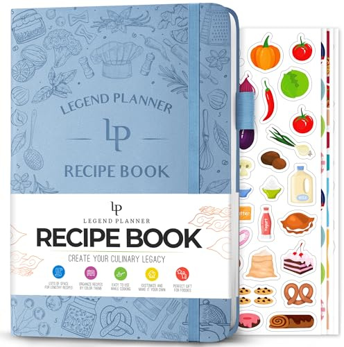 Legend Rezeptbuch – Blanko-Familien-Kochbuch zum Einschreiben eigener Rezepte – leeres Kochtagebuch – personalisiertes Kochnotizbuch, Hardcover, A5-Größe, insgesamt 58 Rezepte – Immergrün
