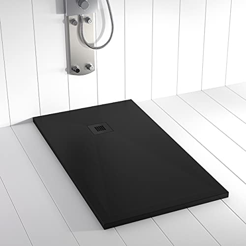 Shower Online Piatto doccia in resina PLES - 90x100 - Texture in ardesia - Antiscivolo - Tutte le misure disponibili - Include griglia Colore Nero e piletta - Nero RAL 9005