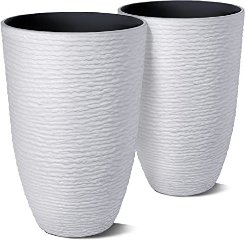 Worth Garden - Paquete de 2 macetas Altas Blancas de 21 Pulgadas de Alto, macetas Redondas Grandes de Resina de 14 Pulgadas de diámetro para Plantas al Aire Libre y árboles, plástico con Acabado de