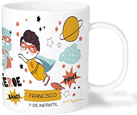Bee Ingenious Taza PLÁSTICO infantil personalizada. Tazas nombre Vuelta al Cole infantil. Tazas con nombre. Tazas desayuno niños. Varios Diseños a Elegir. Colección: Superheroes. (Súper 4)