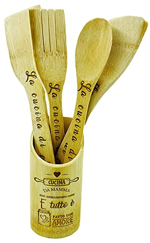 Set Accessori da Cucina Utensili in Legno 5 pezzi portamestoli e 4 mestoli Cucchiaio Spatola Forchettone Personalizzati Idea Regalo Originale Festa della Mamma Compleanno Natale Incisione Laser