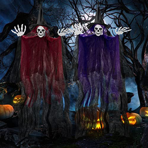 3 Pack Halloween Hanging Grim Reapers, 41inch Halloween Skeleton Ghost Flying Ghost Scary Hanging Decorations for Haunted House Props Décor (purple, red, green)