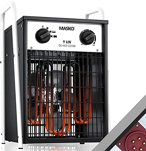 MASKO® Elektroheizer Heizlüfter Bauheizer Keramik Heizstrahler elektrisch Heizgerät mit Thermostat Elektroheizer mit 3 Heizstufen, Heizgebläse für Innen- und Außeneinsatz (Weiß, 9 KW - Eckig)