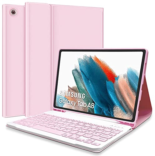 Tastatur für Samsung Galaxy Tab A8 Tastatur Hülle 10,5 Zoll (SM-X200/205/207) 2022, Tastatur Deutsche QWERTZ, Schutzhülle mit Pencil Halter Wireless Abnehmbare Tastatur für Samsung Tab A8-Rosa