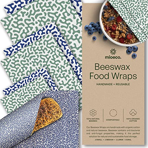MioEco Bienenwachstücher für Lebensmittel – sortierte 6er-Pack Bienenwachstücher aus Bio-Baumwolle – wiederverwendbare Bienenwachstücher und Lebensmittelumarmungen – Koralle – 3 Größen (2S, 2M, 2L)