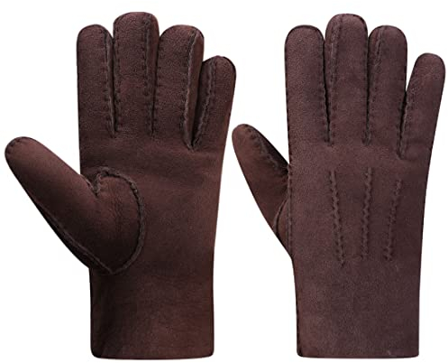 Harssidanzar Herren Leder handschuhe,Wildleder Lammfell Shearling Dicke Wolle Gefüttert Beheizte Warme Winter Kaltwetter Kleid Fahrhandschuhe KM043EU,Braun,Größe XL