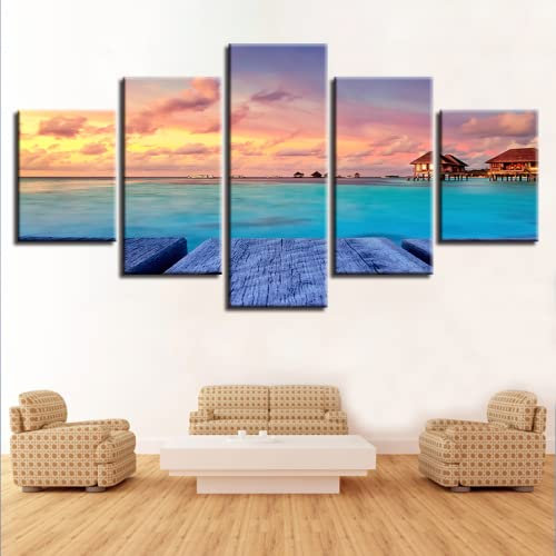 Wandkunst Woods House Bridge Natürliche Meereslandschaft Deko Bilder auf Leinwand Home Wohnzimmer Dekor 5 Stück Kein Rahmen 50x25cm