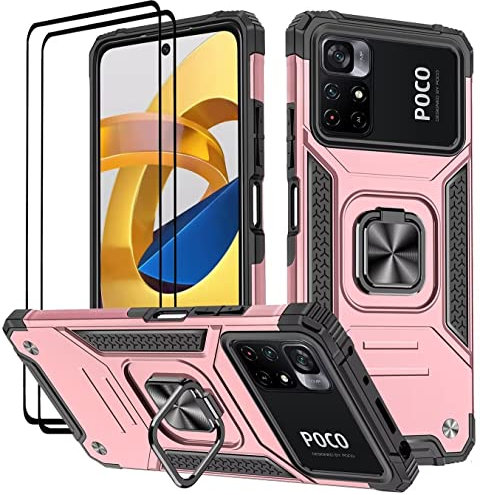 KANSi Cover per Xiaomi POCO M4 PRO 5G / Redmi Note 11S 5G (6.6), Vetro Temperato [2 Pack] Custodie Silicone TPU 360° Rotante Anello Magnetica Anello Ring Supporto Bumper - Rose Gold